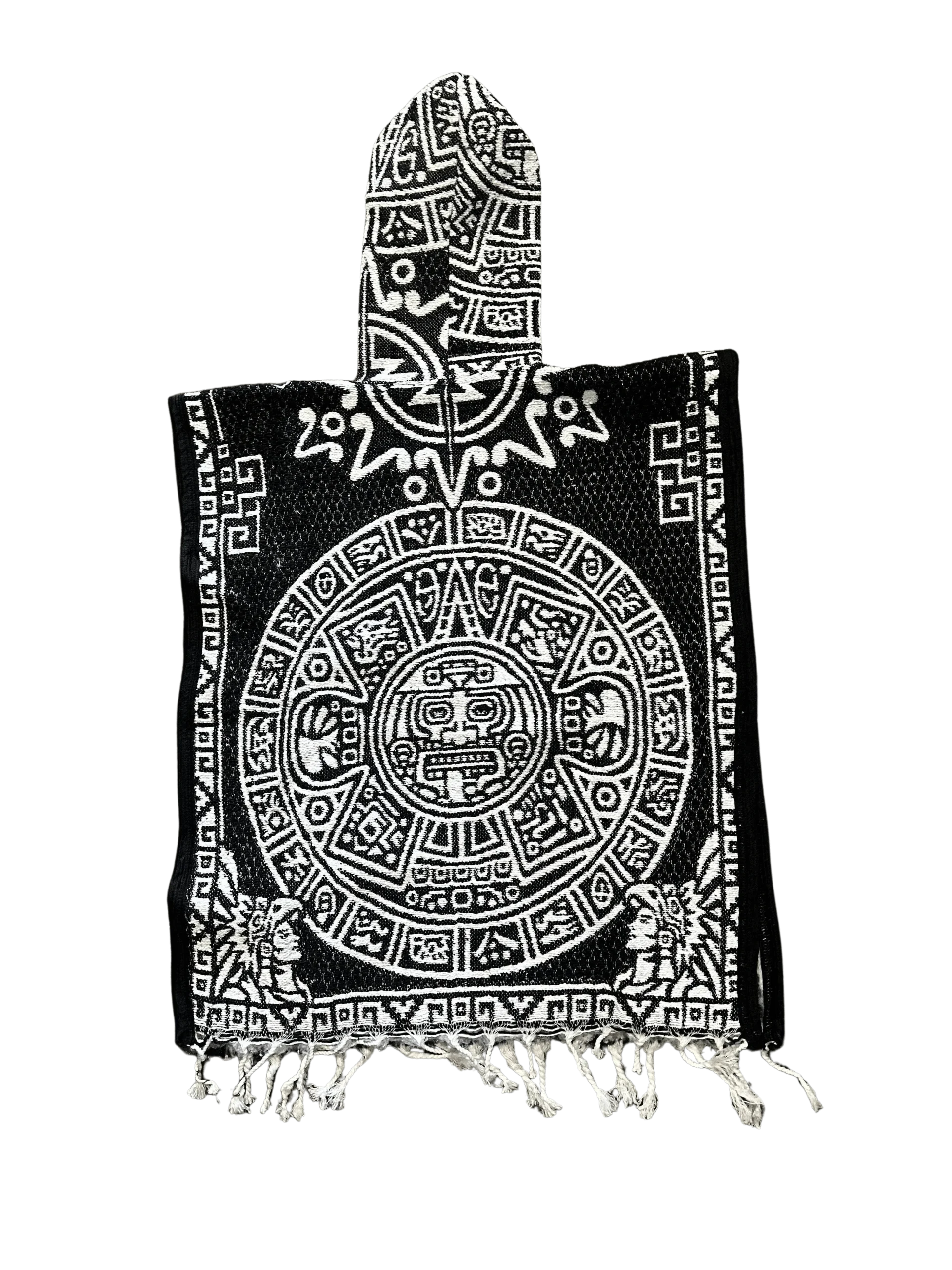 Youth Black and White Aztec Calendar Poncho/Gaban with Hoodie / Gorro